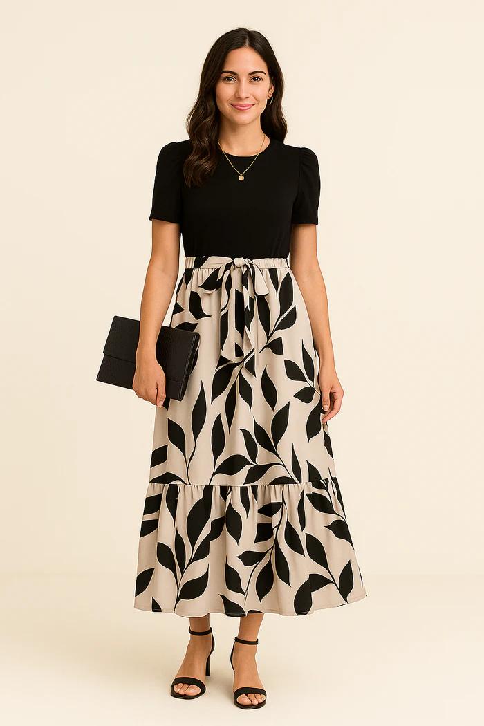 Chic Contrast Tie-Waist Midi Dress